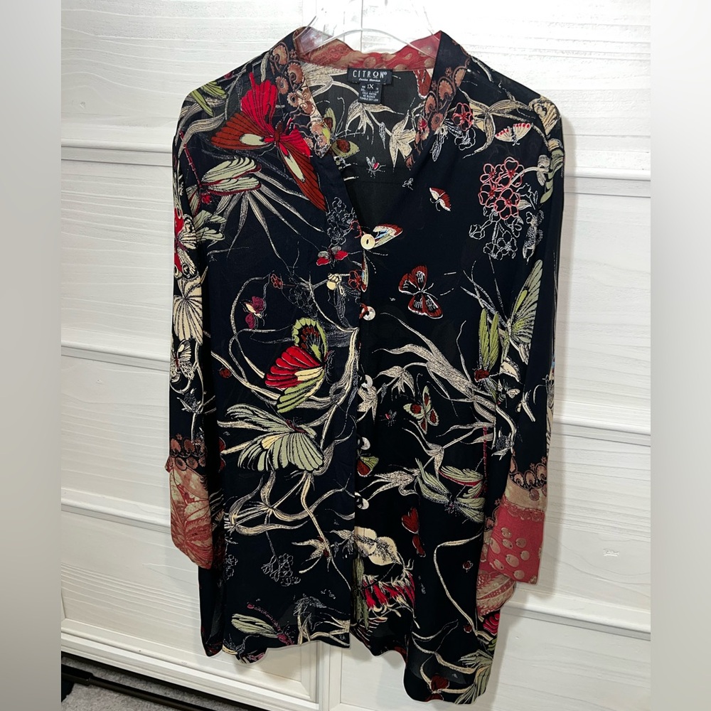 Citron 100% Silk Black Floral Button Down Blouse Sz 1X - Picture 6 of 15